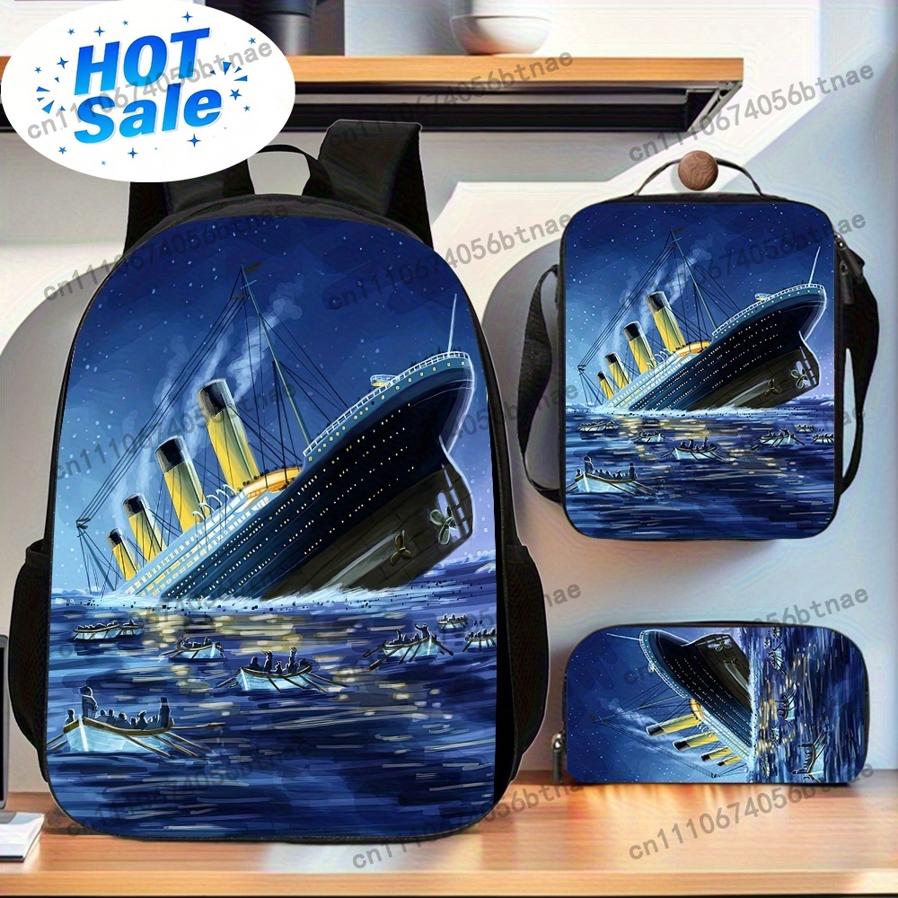Handbags - 3pcs Titanic Pattern Backpack Set |